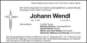 Traueranzeige von Johann Wendl von Pegnitz-Zeitung